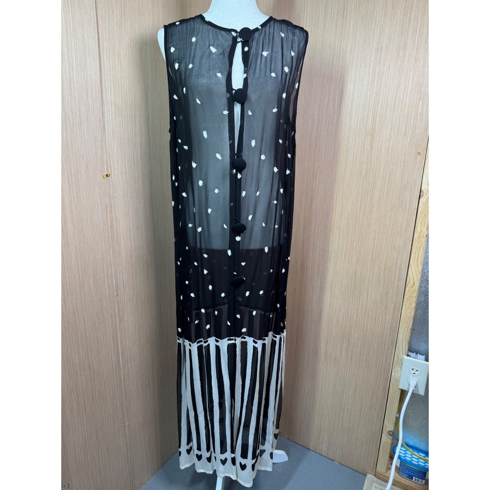 Gideon Oberson Vintage Sheer Maxi Dress Swim Cover Up Black White Print Large L